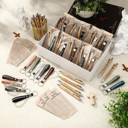 25 Sets Christian Church Gift Bulk Bible Verse Bamboo Pen Religious Silicone Keychain Scripture Bookmark 2''x 6'' Emergency Numbers Bible Study Gift(Classic Color,English) in Kuwait