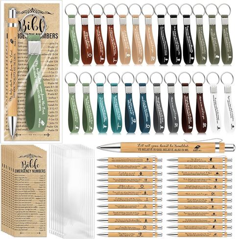 25 Sets Christian Church Gift Bulk Bible Verse Bamboo Pen Religious Silicone Keychain Scripture Bookmark 2''x 6'' Emergency Numbers Bible Study Gift(Classic Color,English) in Kuwait