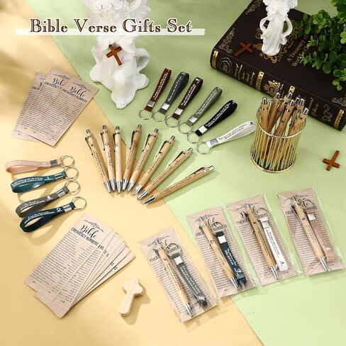 25 Sets Christian Church Gift Bulk Bible Verse Bamboo Pen Religious Silicone Keychain Scripture Bookmark 2''x 6'' Emergency Numbers Bible Study Gift(Classic Color,English) in Kuwait