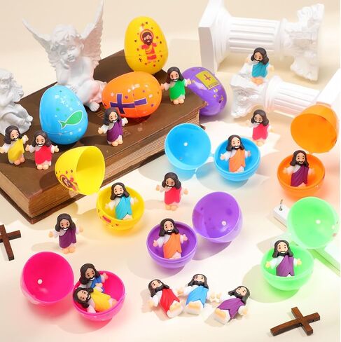 Barydat 60 Pcs Mini Jesus Figures Easter Eggs with Toys Inside Religious Jesus Toys Miniature Jesus Gifts Easter Egg Stuffers Jesus Doll for Sunday School Easter Hunt Party Baptism Gift (Original) in Kuwait