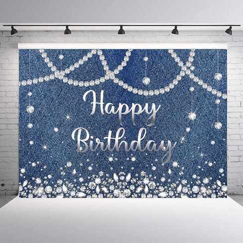 INRUI Denim and Diamonds Happy Birthday Photography Backdrop Glitter Diamonds Baby Shower Woman Anniversary Party Decoration (7x5FT) in Saudi Arabia