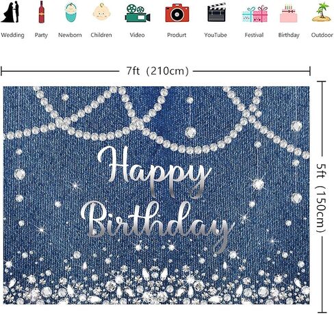 INRUI Denim and Diamonds Happy Birthday Photography Backdrop Glitter Diamonds Baby Shower Woman Anniversary Party Decoration (7x5FT) in Saudi Arabia