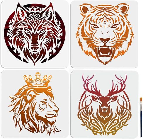 MAYJOYDIY 4Pcs Wolf Tiger Painting Stencil Lion Deer Stencils 11.8×11.8inch with Paint Brush Animal Theme Template Reusable Plastic Templates for Wood Window DIY Craft Photo Album in Kuwait