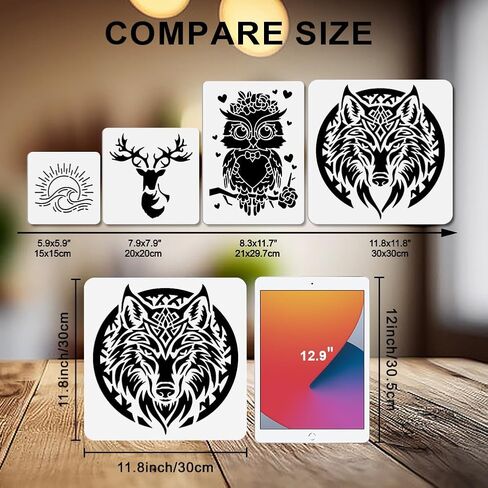 MAYJOYDIY 4Pcs Wolf Tiger Painting Stencil Lion Deer Stencils 11.8×11.8inch with Paint Brush Animal Theme Template Reusable Plastic Templates for Wood Window DIY Craft Photo Album in Kuwait