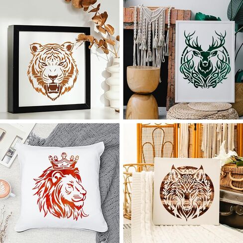 MAYJOYDIY 4Pcs Wolf Tiger Painting Stencil Lion Deer Stencils 11.8×11.8inch with Paint Brush Animal Theme Template Reusable Plastic Templates for Wood Window DIY Craft Photo Album in Kuwait