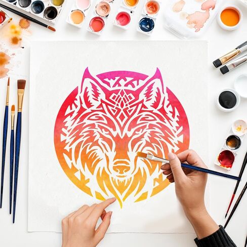 MAYJOYDIY 4Pcs Wolf Tiger Painting Stencil Lion Deer Stencils 11.8×11.8inch with Paint Brush Animal Theme Template Reusable Plastic Templates for Wood Window DIY Craft Photo Album in Kuwait