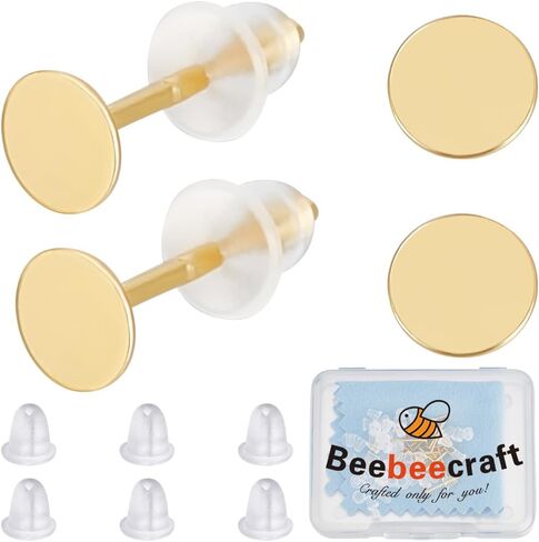 Beebeecraft 1 Box 10 Pairs 925 Sterling Silver Earring Posts Flat Pad Earring Studs Hypoallergenic 4mm Earring Cabochon Setting with 50Pcs Ear Nuts and Silver Polishing Cloth for Jewelry Making in Saudi Arabia