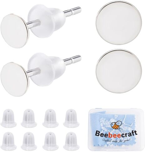Beebeecraft 1 Box 10 Pairs 925 Sterling Silver Earring Posts Flat Pad Earring Studs Hypoallergenic 4mm Earring Cabochon Setting with 50Pcs Ear Nuts and Silver Polishing Cloth for Jewelry Making in Saudi Arabia