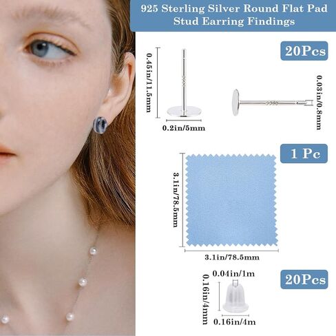 Beebeecraft 1 Box 10 Pairs 925 Sterling Silver Earring Posts Flat Pad Earring Studs Hypoallergenic 4mm Earring Cabochon Setting with 50Pcs Ear Nuts and Silver Polishing Cloth for Jewelry Making in Saudi Arabia