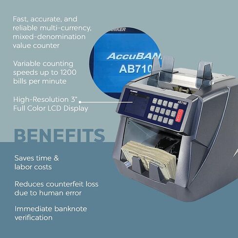 Accubanker AB7100 عداد قيمة الفواتير المختلط ، فئة البنك المصرفي المذهب الأموال الأموال العداد ، كاشف مقلوب من 5 نقاط ، العد ، يحمل 500 فاتورة 1200 فاتورة/دقيقة in Saudi Arabia