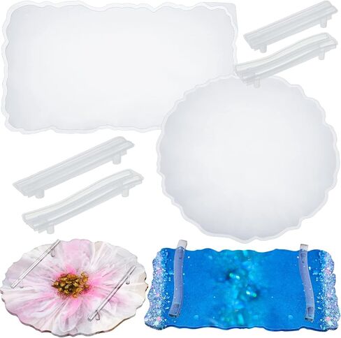 meekoo 2 Pcs Large Silicone Resin Tray Molds with 4 Pcs Handles Serving Tray Resin Mold for Making Jewelry Plates Tea Coasters Art Craft Casting Supplies(Round, Rectangle) in Kuwait