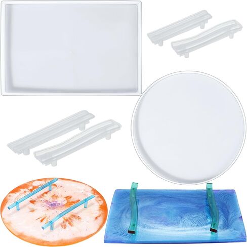 meekoo 2 Pcs Large Silicone Resin Tray Molds with 4 Pcs Handles Serving Tray Resin Mold for Making Jewelry Plates Tea Coasters Art Craft Casting Supplies(Round, Rectangle) in Kuwait