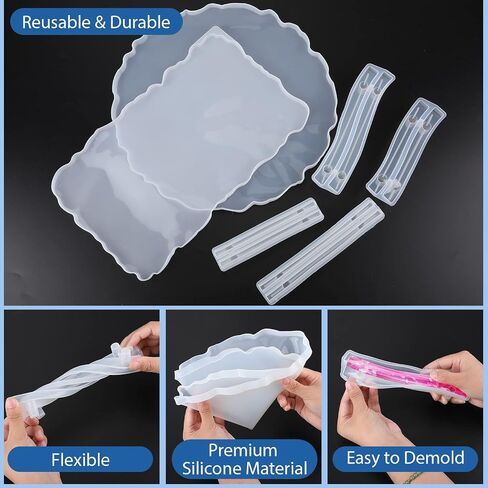 meekoo 2 Pcs Large Silicone Resin Tray Molds with 4 Pcs Handles Serving Tray Resin Mold for Making Jewelry Plates Tea Coasters Art Craft Casting Supplies(Round, Rectangle) in Kuwait