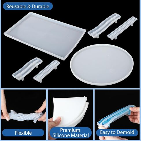 meekoo 2 Pcs Large Silicone Resin Tray Molds with 4 Pcs Handles Serving Tray Resin Mold for Making Jewelry Plates Tea Coasters Art Craft Casting Supplies(Round, Rectangle) in Kuwait