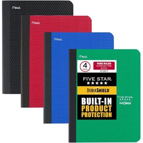 Five Star DuraShield Composition Books with Antimicrobial Covers, 4 Pack, 1 Subject, Wide Ruled Paper, 11" x 8-1/2", 100 Sheets, Black, Red, Cobalt Blue, Electric Green (950008)