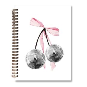 Dejfel Coquette Trendy Retro Disco Ball Cherry Pink Notebook,Preppy Funky Cherry Disco Notebook Journal,Pink Girly Notebook,Preppy Gifts for Women,Pink Office Supplies,Spiral Notebook 5.5x8.3 Inch