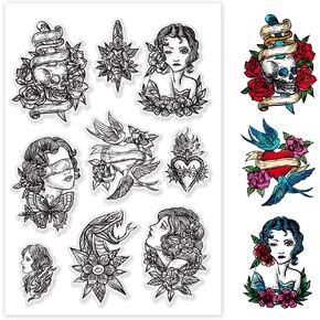 PH PandaHall Old School Pattern Clear Stamp, Skull Lady Silicone Stamp Transparent Rubber Stamp for Card Making, Paper Crafting Photo Albums, Holiday Cards, Scrapbooking, Gift Tags