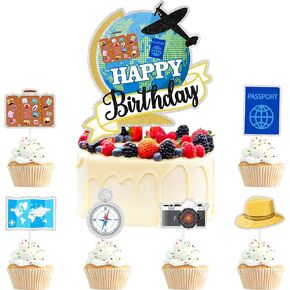 Around the World Cake Toppers 7-piece Set Travel Theme Happy Birthday, Airplane Map Lets the Adventure Begin, suitable for themed birthday parties and retirement parties Bon Voyage decoration. LIANGSS