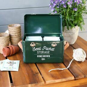 Burgon & Ball Seed Packet Storage Box Container Tin in Frog Green with Inside Dividers for Organization with Lid, Side Handles and Latches