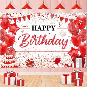 Red White Happy Birthday Banner Decorations Large Red Birthday Banner Red White Birthday Sign Backdrop Background Photography Banner for Men Women Girls Birthday Anniversary Party Supplies 71x44 Inch