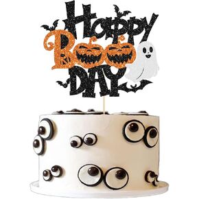 1Pcs Happy Boo Day Cake Topper - Glitter Little Boo Halloween Party Decoration - Spooky Bat Cake Pick for Ghost Halloween Theme Baby Shower Kids Birthday Party