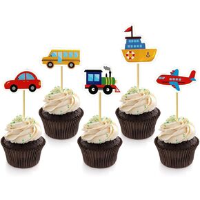 Transportation Cupcake Toppers 30 Pack Car Truck Train Airplane Ship Party Cake Toppers Picks for Kids Birthday Baby Shower Party Decorations Supplies