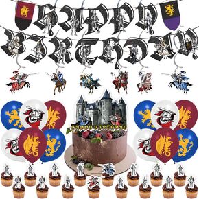Medieval Birthday Party Supplies Knights Party Decorations Include HAPPY BIRTHDAY Banner Balloons Cake Topper Cupcake Toppers Spirals Castle Birthday Party Decoration