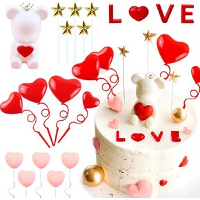 Laventy 16 PCS Teddy Bear Valentines Day Cake Decoration Heart Love Cake Topper Heart Rose Cake Decoration Heart Love Gift for Valentines Day Party Supplies
