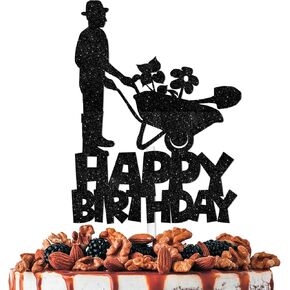 Black Glitter Happy Birthday Cake Topper Cheer to Gardening Tool Summer Theme Decorations Men Women Happy Birthday Party Decor Supplies