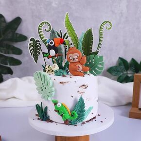15 PCS Tropical Leaves Cake Topper Tropical Cake Decorations Tropical Bird Cupcake Toppers Tropical Animal Cake Decoration Sloth Cake Toppers