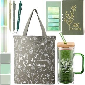 Book Lovers Gifts Aesthetic Essentials 13.5oz Glass Cup with Handle Canvas Bag A6 Journal Teacher Notebook Ballpoint Pens Sticky Notes Highlighters for Librarian Student Teacher Study, Green