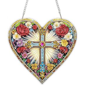 MEIYUDA Diamond Painting Kits, DIY Heart Cross Special Shaped Diamond Art Hanging Kits for Adults, 5D Crystal Diamond Painting Acrylic Pendant Ornament for Home Gardon Wall Decor and Presents