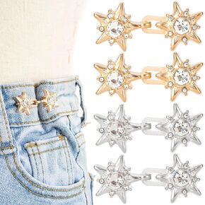 4 Sets Adjustable Waist Tightener Buttons for Women, No Sewing Rhinestone Star Jeans Waist Pin Button, Detachable Star Jeans Clip Buckles for Pants Skirt Waist Too Loose Big- Silver & Gold