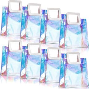 Reusable Iridescent Gift Bag, 10 x 11 x 5.5 Inches Clear Holographic Bag Large Gift Wrap Tote Bags PVC with Handle for Women Girl Party Birthday Christmas Travel Festival Wedding Shopping (8 Pcs)
