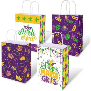 Whaline 20 Pack Mardi Gras Paper Gift Bags with Handle Crown Mask Gold Coins Party Favor Treat Bags for Gift Wrapping Birthday Party Supplies, 4 Designs