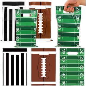 JarThenaAMCS 50Pcs Football Party Favor Bags Rugby Treat Bags with Handles Green Brown Plastic Candy Goodie Bags for Sport Events Birthday Baby Shower