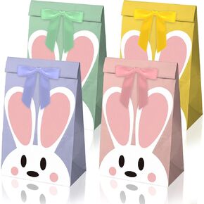 JarThenaAMCS 36Pcs Easter Bunny Party Favor Bags Pastel Rabbit Paper Treat Bags with Ribbon Bow Stickers Candy Goodie Bags for Spring Birthday Baby Shower