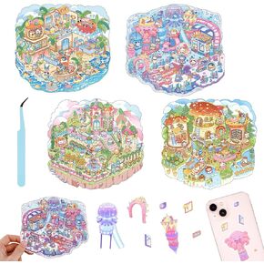 4 Sets DIY 3D House Scene Stickers, Fun Cartoon 3D Scene Abyssal Sea, Garden, Amusement Park, Forest Scene Make Stickers for Adult Kids Scrapbooking Crafts Party Decorations Supplies
