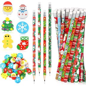 Crtiin 72 Pcs Christmas Pencils Mini Pencil Erasers Set Christmas Party Favors for Kids Holiday Tiny Erasers Gingerbread Man Novelty Erasers Santa Snowman Pencils Christmas Cartoon Pencils