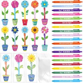 50 Set Teacher Appreciation Gift Bulk Inspirational Ballpoint Pens with Cards Motivational Flowerpot Shaped Cards Thank You Teacher Gift for Teacher School Office Supplies