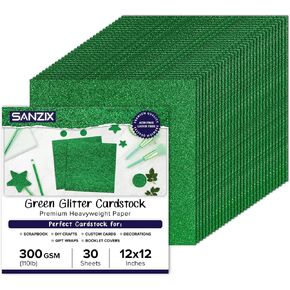 SANZIX 30 Sheets Green Glitter Cardstock Paper 12x12" 110lb 300 GSM Glitter Paper for Cricut, Christmas Cards, Scrapbook, DIY Crafts, Decor, and Custom Cards | Ideal for Gift Wraps & Booklet Covers