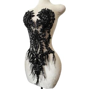 Handmade Rhinestones lace Appliques sew on Beads Trim Patches for Ostrich Feather Dress Clothing Accessories 12.9X23.6inches (Black)