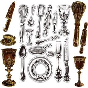 PH PandaHall Retro Tableware Clear Silicone Stamps Spoons Clear Stamps, Reusable Tableware Transparent Silicone Stamps for DIY Scrapbooking Photo Album Decorative Card Making, 6.3x4.3inch