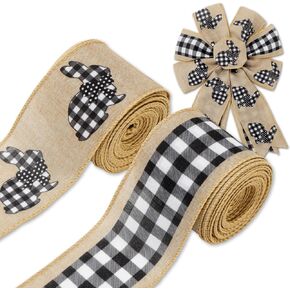 Easter Bunny Wired Edge Ribbon 2.5 Inch Plaid Rabbit Fabric Craft Ribbon for Basket Bow Wreath Gift Wrap Spring Holiday Home Decor, 2 Rolls, 20 Yards