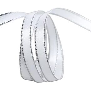 100 Yards 3/8 Inch White Silver Ribbon Double Edge Metallic Border Ribbon Polyester Grosgrain Ribbons Bulk with Spool for Sewing Making Crafts Wedding Bouquet Gift Wrapping Christmas Supply