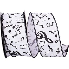 Reliant Ribbon 93546W-982-40H Musical Notes Dupioni Wired Edge Ribbon, 2-1/2 Inch X 20 Yards, White/Black