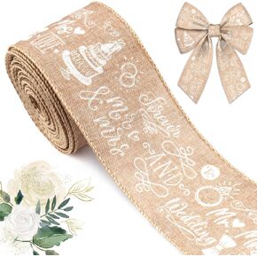Threetols Wedding Wired Edge Ribbons 2.5" 10 Yards, Natural Wired Edge Decor Wrapping Ribbon Forever Love Mr&Mrs Cake Burlap Fabric Craft Ribbon for Wedding Party DIY Craft Wreath Bow Decor