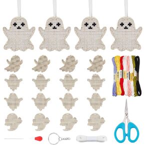 FREEBLOSS 16 Set Halloween Ghost Wooden Cross Stitch Kit Keychain Ornament Sewing Board Wood 4 Style Sewing Kit Cross Stitch Hanging for Key&Bag Wooden Cross Stitch Blanks Set
