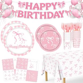Pink Bow Party Decorations, 140Pcs Bow Birthday Party Supplies-Serves 24 with Plates and Napkins Tablecloth and Birthday Banner Balloons for Pink Girls Party Decorations
