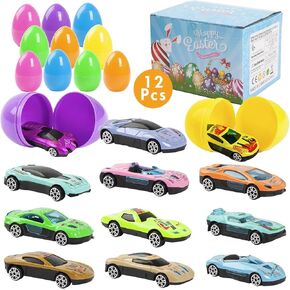 12 Packs Pre-Filled Easter Eggs with Cars for Kids Easter Basket Stuffers Easter Egg Hunt Easter Goodie Bag Fillers Classroom Prize and Party Favors Easter Car Toys for Boys